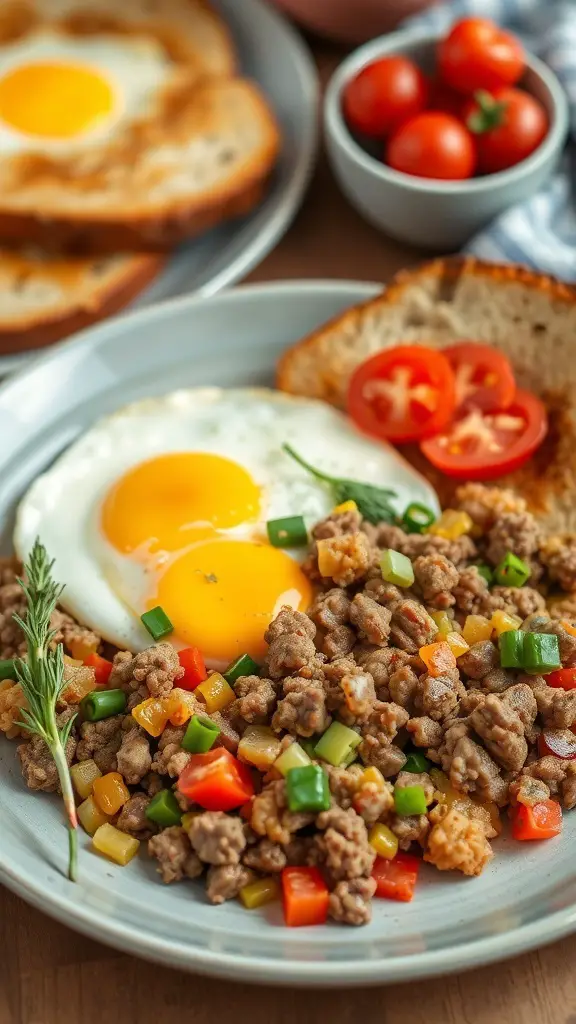 A plate of beef and egg breakfast scramble with two sunny-side-up eggs, diced vegetables, and slices of bread.