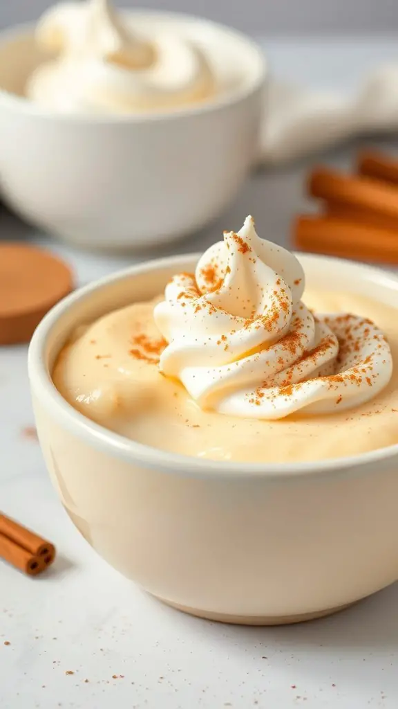 A bowl of creamy vanilla pudding topped with whipped cream and cinnamon