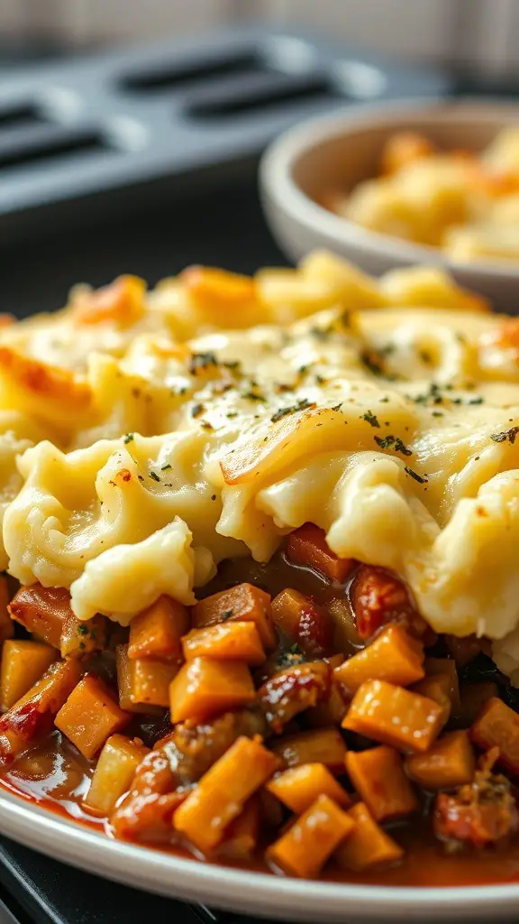 A close-up of Shepherd's Pie with mashed potatoes and a colorful vegetable filling.