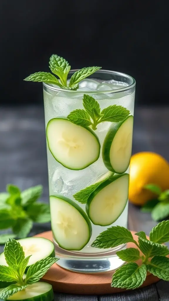 A refreshing Cucumber Mint Cooler in a glass with cucumber slices and mint leaves