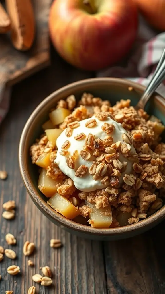 A bowl of spiced cottage cheese and apple crisp topped with oats and a dollop of cream, with an apple in the background.
