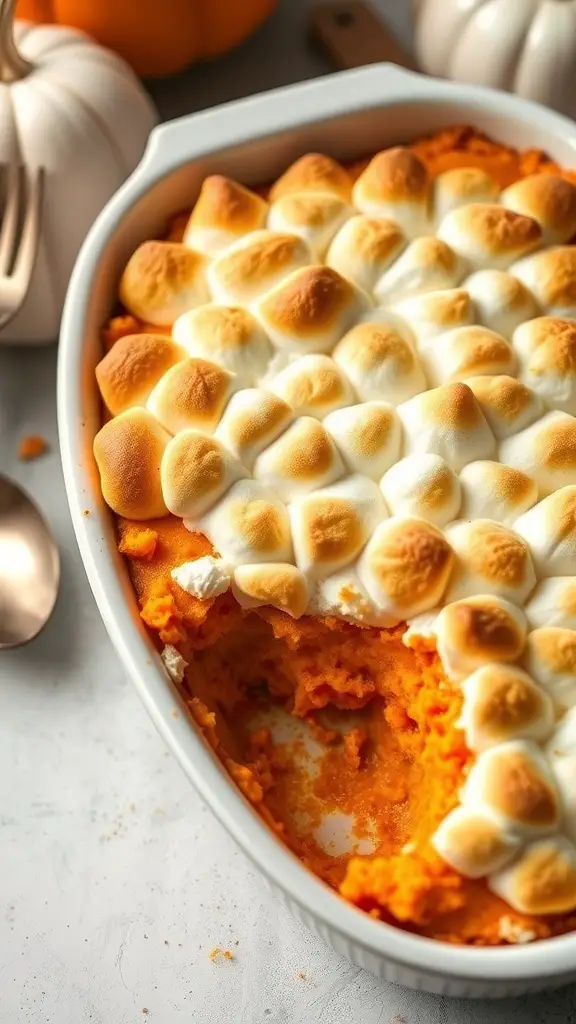 A close-up of a sweet potato casserole topped with toasted marshmallows in a baking dish.