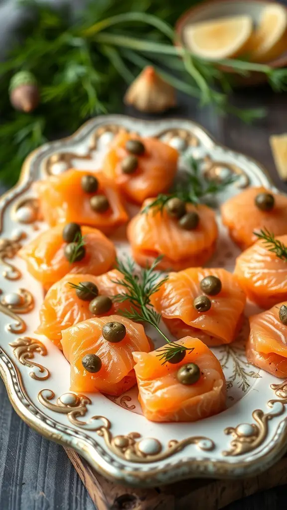 A decorative platter of smoked salmon bites garnished with capers and herbs.