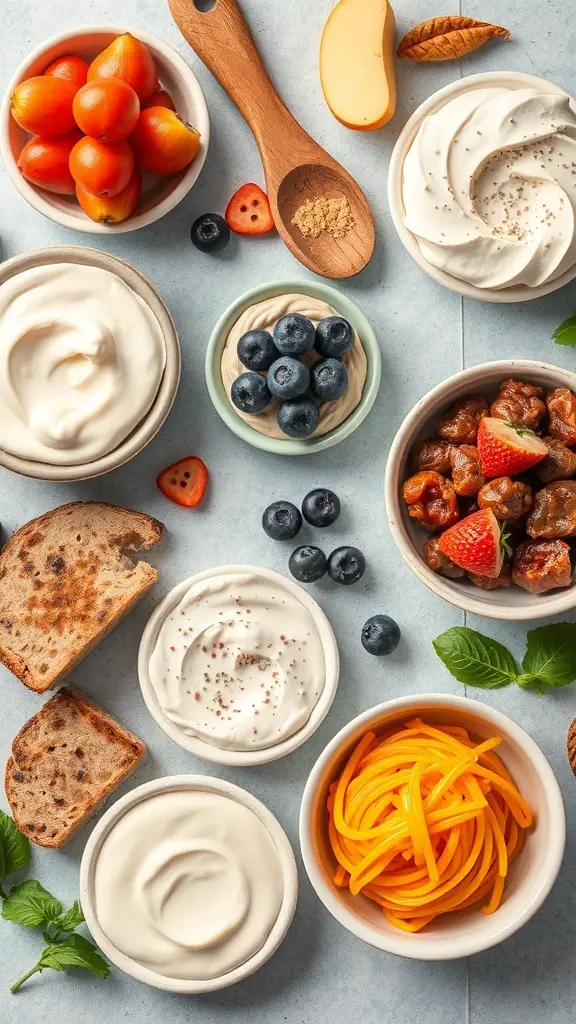 An assortment of soft foods including yogurt, fruits, pasta, and bread arranged on a table.