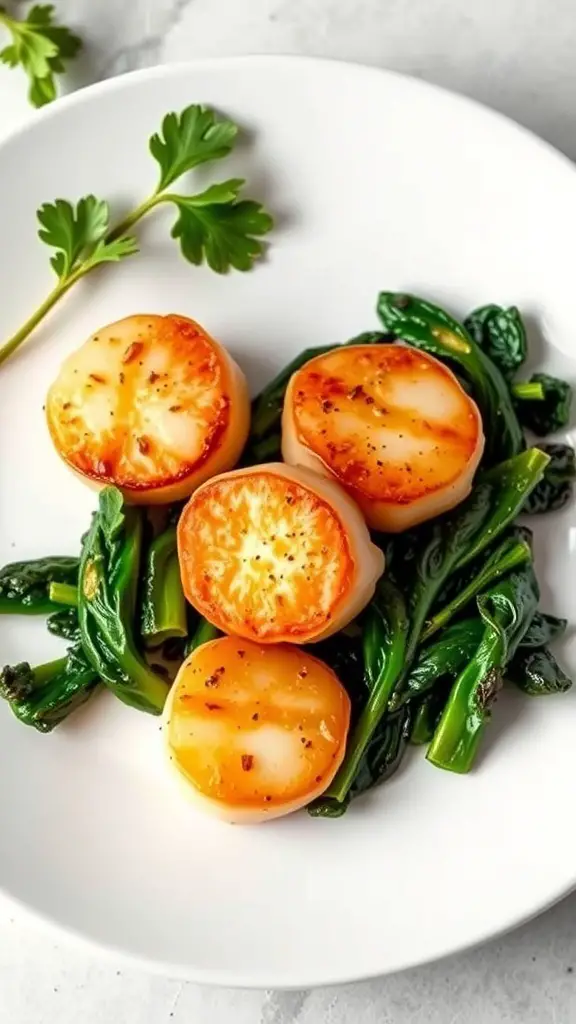 Sautéed scallops with garlic and spinach on a white plate