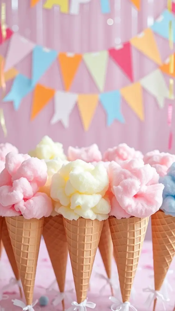 Colorful cotton candy cones in a festive setting