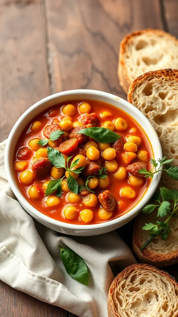 A bowl of chickpea and tomato stew with fresh herbs and slices of bread on the side.