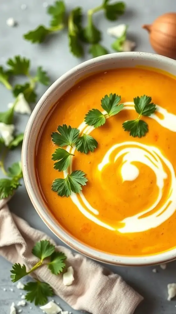 A bowl of curried butternut squash soup garnished with herbs and a swirl of cream.