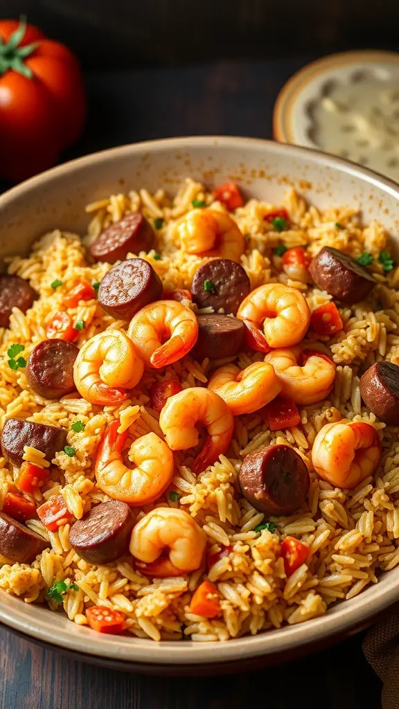A bowl of hearty jambalaya with shrimp and Andouille sausage, garnished with parsley.