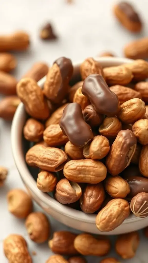 A bowl of chocolate dipped peanuts surrounded by scattered peanuts.