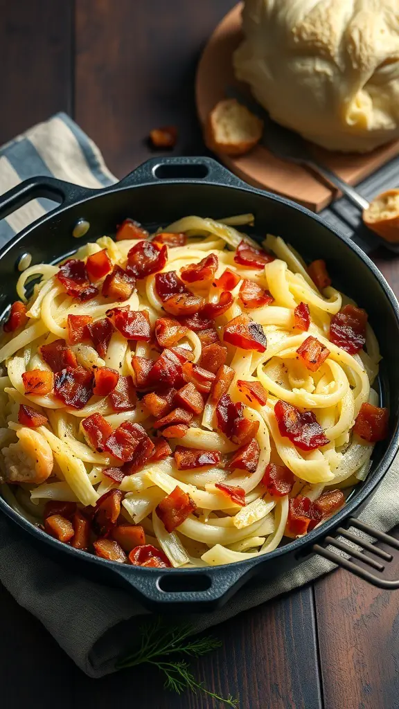 A skillet filled with baked cabbage, crispy bacon, and sautéed onions, showcasing a delicious side dish.
