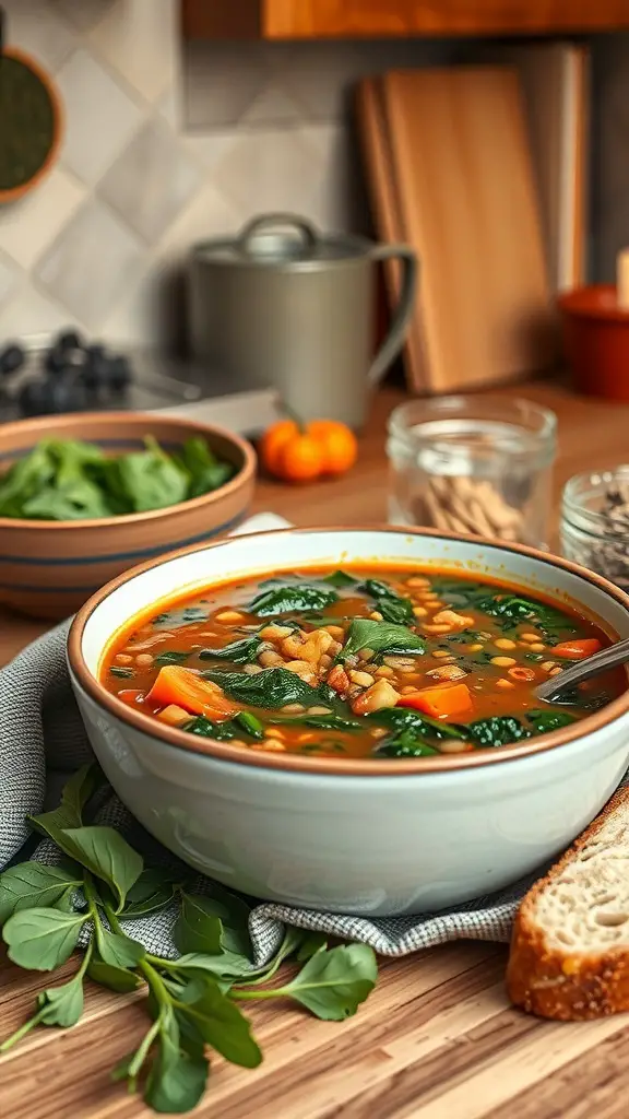 A bowl of lentil soup with spinach, surrounded by fresh ingredients and a slice of bread.
