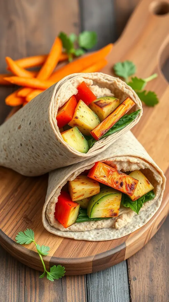 A grilled vegetable and hummus wrap on a wooden cutting board, with carrot sticks in the background.