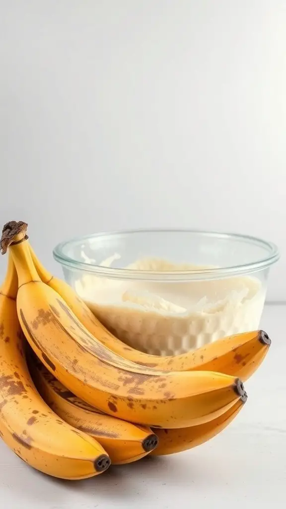A bunch of overripe bananas next to a bowl of mashed bananas, ready for baking.