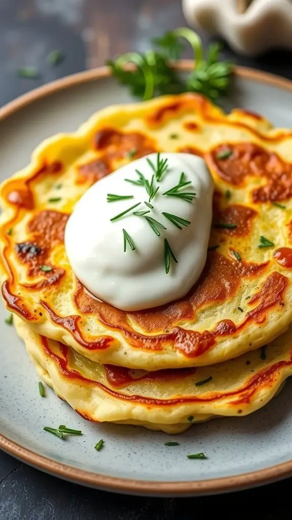 Savory Mediterranean pancakes topped with yogurt and herbs on a plate.