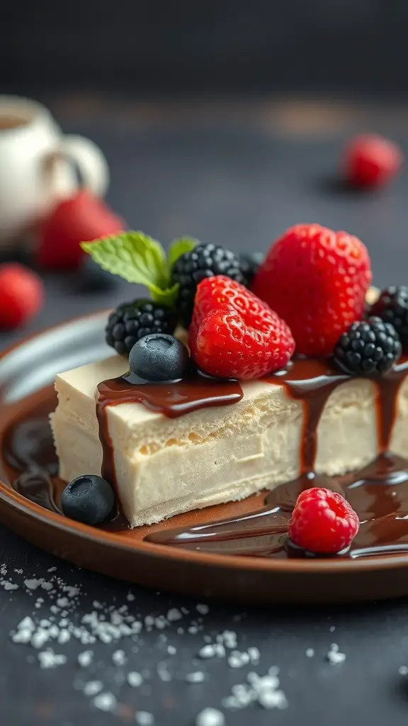 A slice of rich Polish cheesecake topped with fresh berries and chocolate sauce on a plate.
