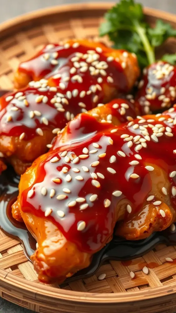 Teriyaki chicken glazed with sauce and topped with sesame seeds on a bamboo plate