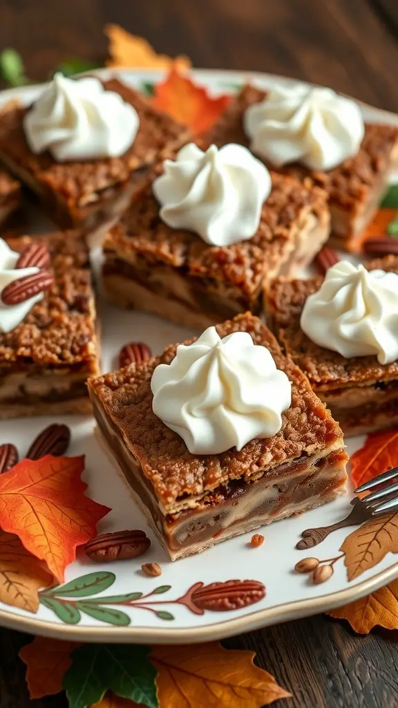 Pecan pie bars topped with whipped cream on a decorative plate with autumn leaves.