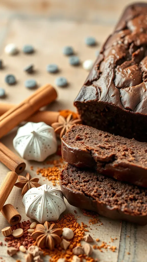 A loaf of chocolate banana bread with spices like cinnamon and star anise surrounding it.