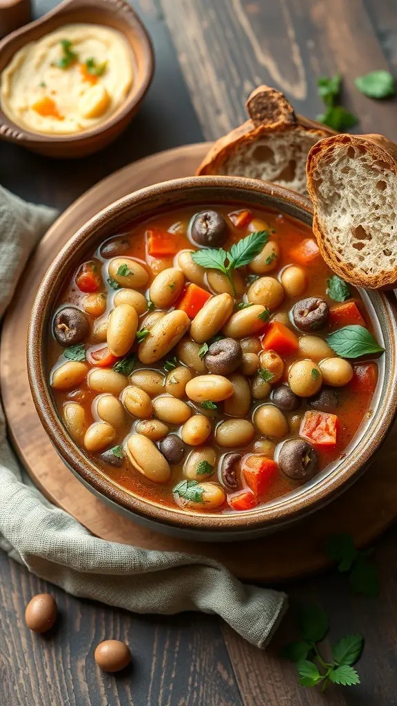 A bowl of Mediterranean Bean Soup with white beans, bell peppers, and herbs, served with slices of bread.