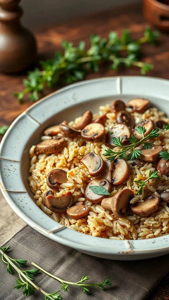A plate of savory mushroom and wild rice casserole garnished with fresh herbs.