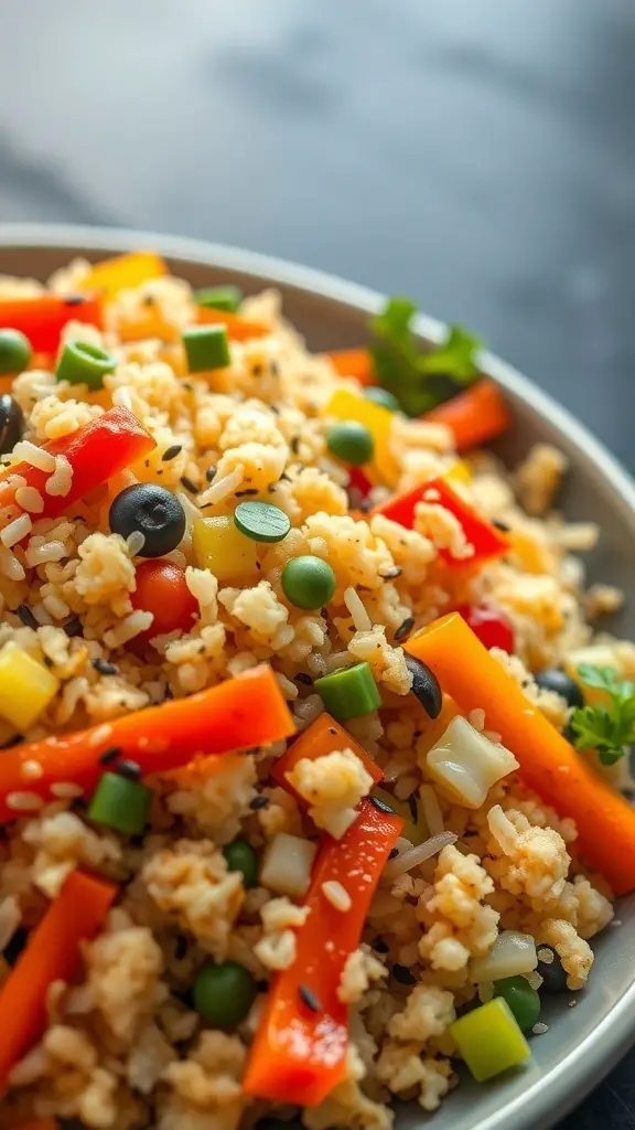 A bowl of colorful cauliflower rice stir-fry with bell peppers, peas, and black olives.