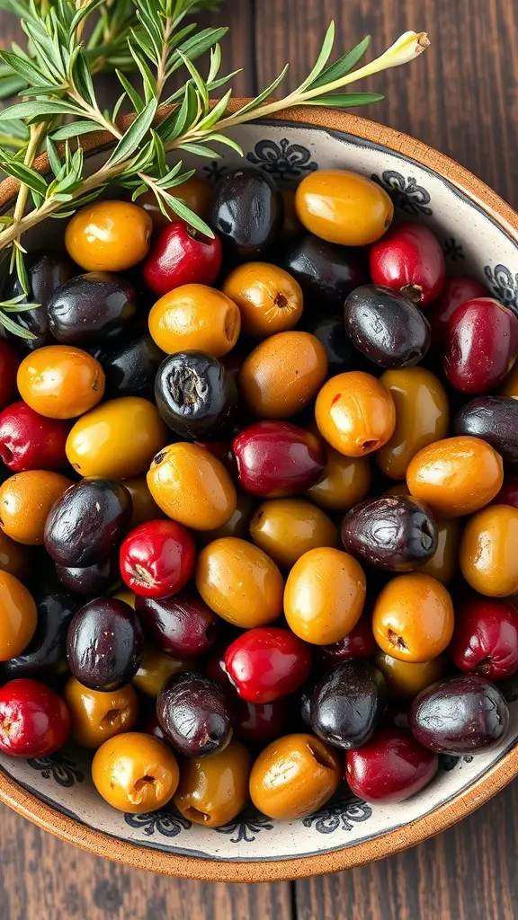 A bowl filled with a colorful mix of olives, including black, green, yellow, and red olives, garnished with a sprig of rosemary.