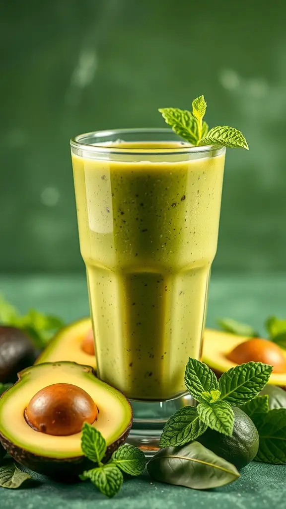 A refreshing avocado and spinach smoothie in a glass, garnished with mint leaves, surrounded by halved avocados.