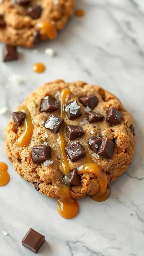 Delicious sea salt caramel chocolate cookie with melted caramel and chocolate chunks
