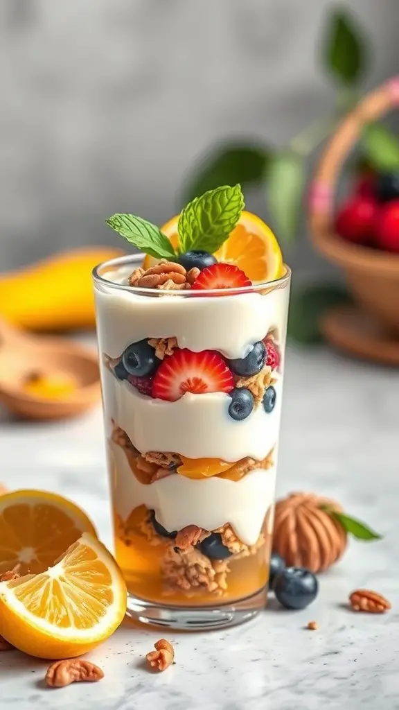 A delicious honey and yogurt parfait with layers of yogurt, granola, and fresh fruits, garnished with lemon slices and mint.