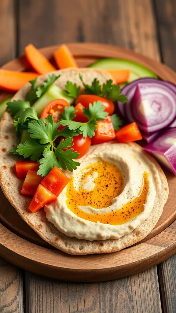 Whole grain pita topped with hummus and fresh vegetables on a wooden plate