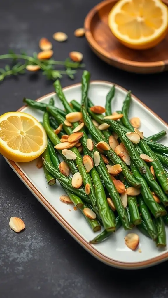 A plate of Green Bean Almondine with lemon slices and toasted almonds
