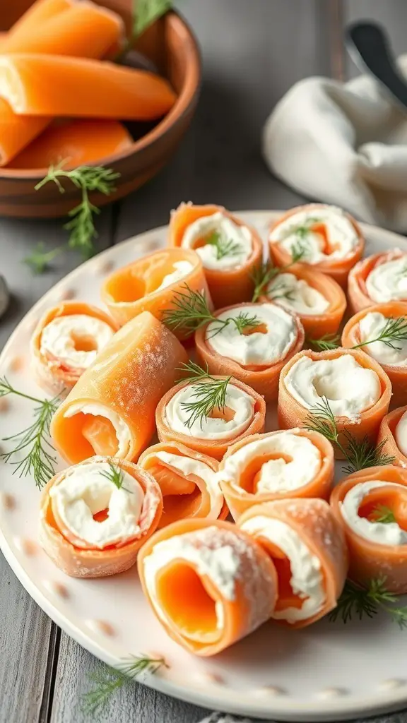 A plate of smoked salmon and cream cheese roll-ups garnished with dill.
