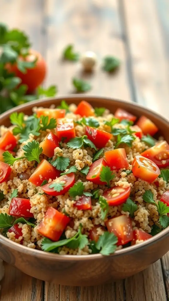 A bowl of zesty tabbouleh salad with bulgur wheat, tomatoes, and parsley.