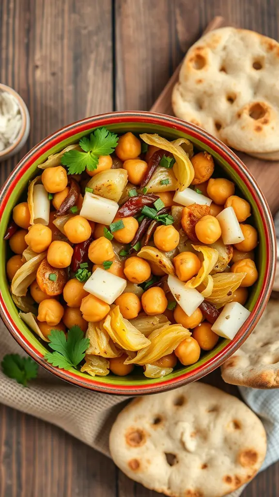 Baked cabbage with chickpeas and spices in a colorful bowl