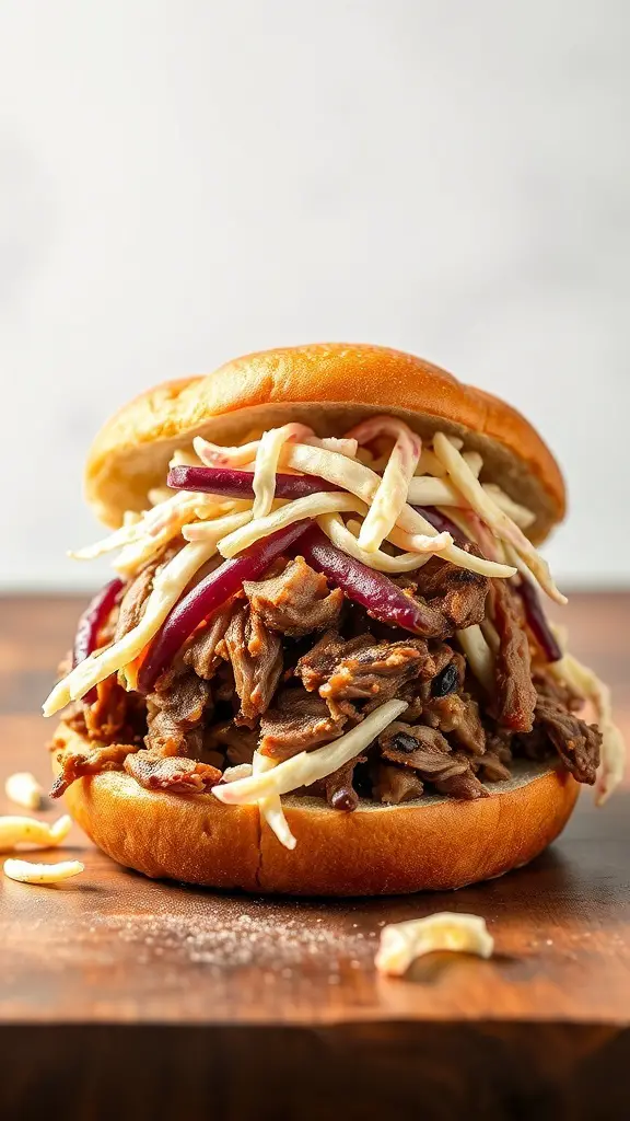 A pulled pork sandwich with coleslaw on a wooden surface.