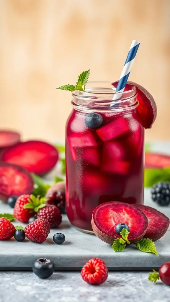 A colorful beetroot and berry detox drink in a jar with ice, garnished with mint and surrounded by fresh berries.