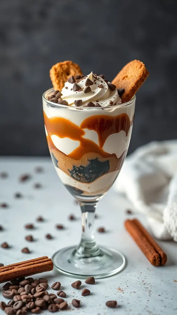 A delicious coffee and biscotti trifle in a glass, topped with whipped cream, chocolate chips, and biscotti.