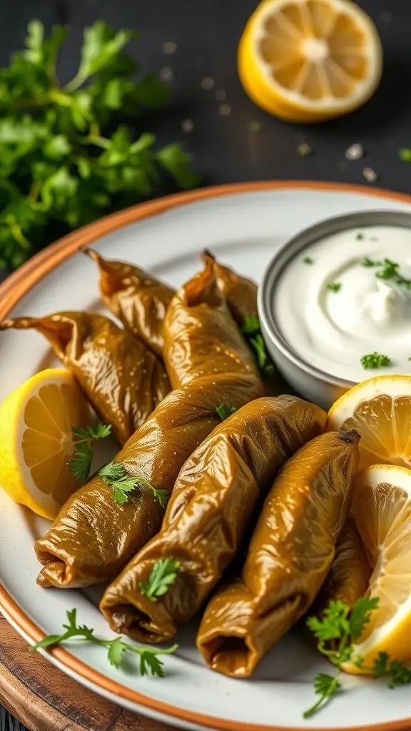 A plate of stuffed grape leaves (dolmas) served with lemon wedges and yogurt