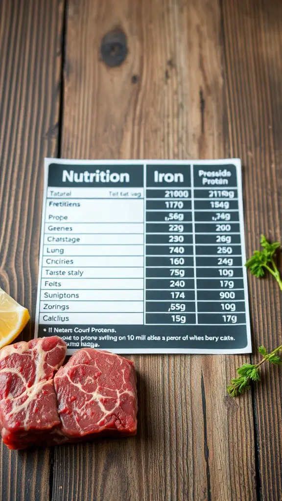 Nutritional information of ground beef with cuts of meat on a wooden table