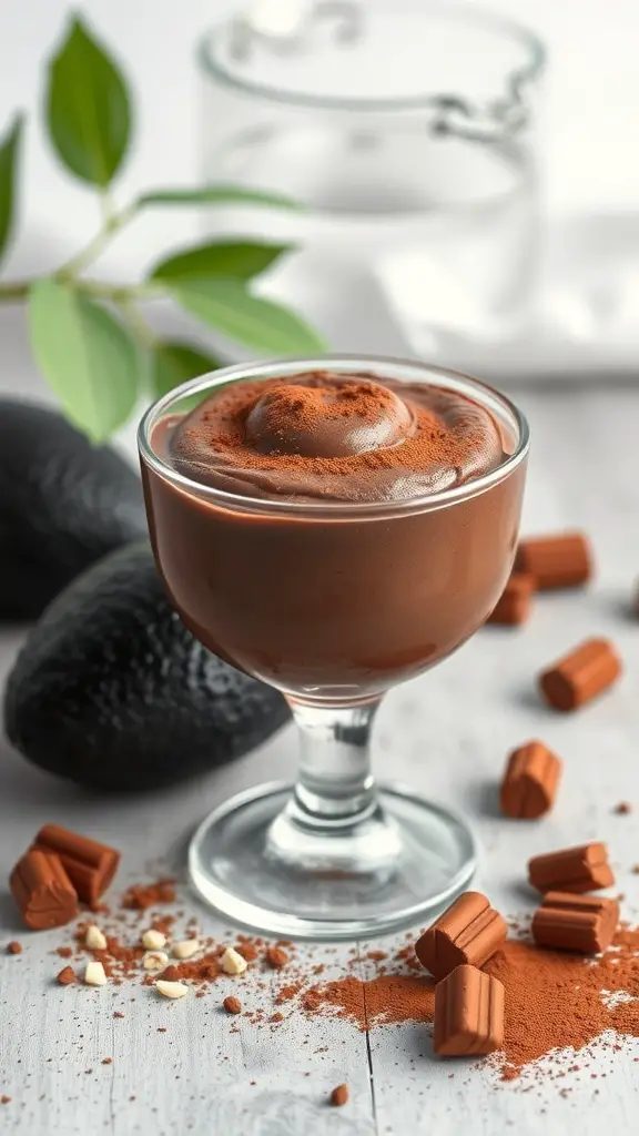 A glass of chocolate avocado mousse topped with cocoa powder, surrounded by avocados and chocolate pieces.