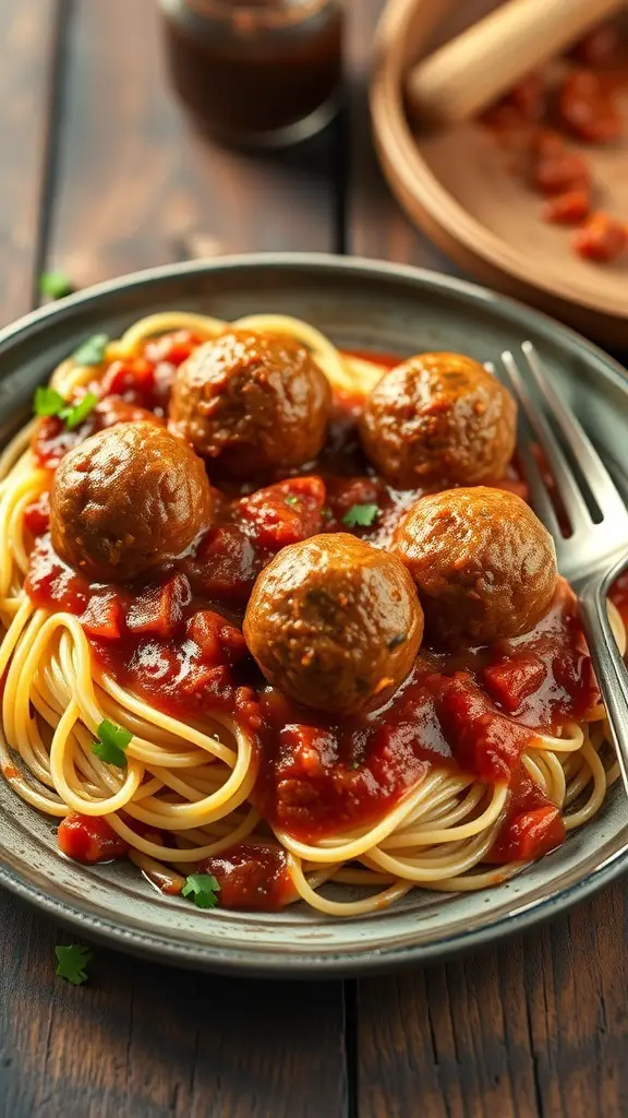 A plate of Italian beef meatballs served over spaghetti with tomato sauce.