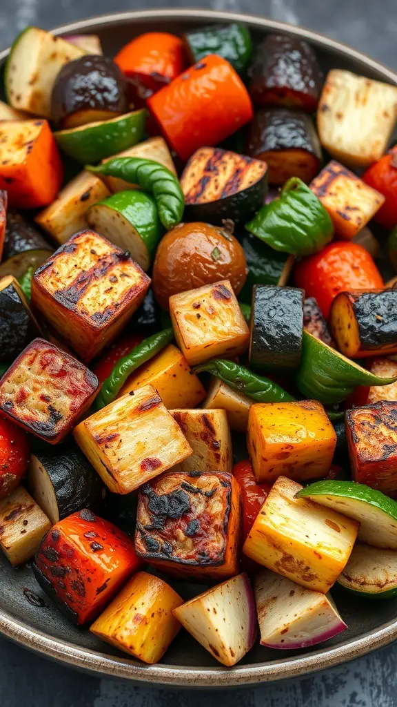 A colorful assortment of grilled vegetables including bell peppers, zucchini, and eggplant.