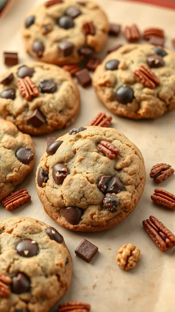A close-up of nutty chocolate chunk cookies with chocolate pieces and pecans on a baking sheet.