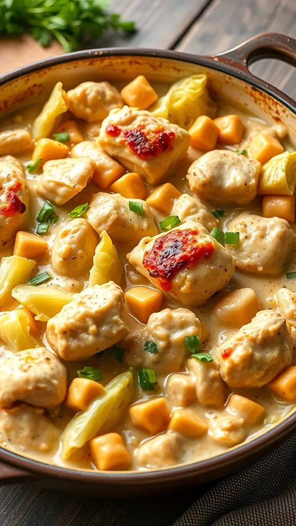 A delicious cabbage and chicken casserole with creamy sauce, dumplings, and cheese.