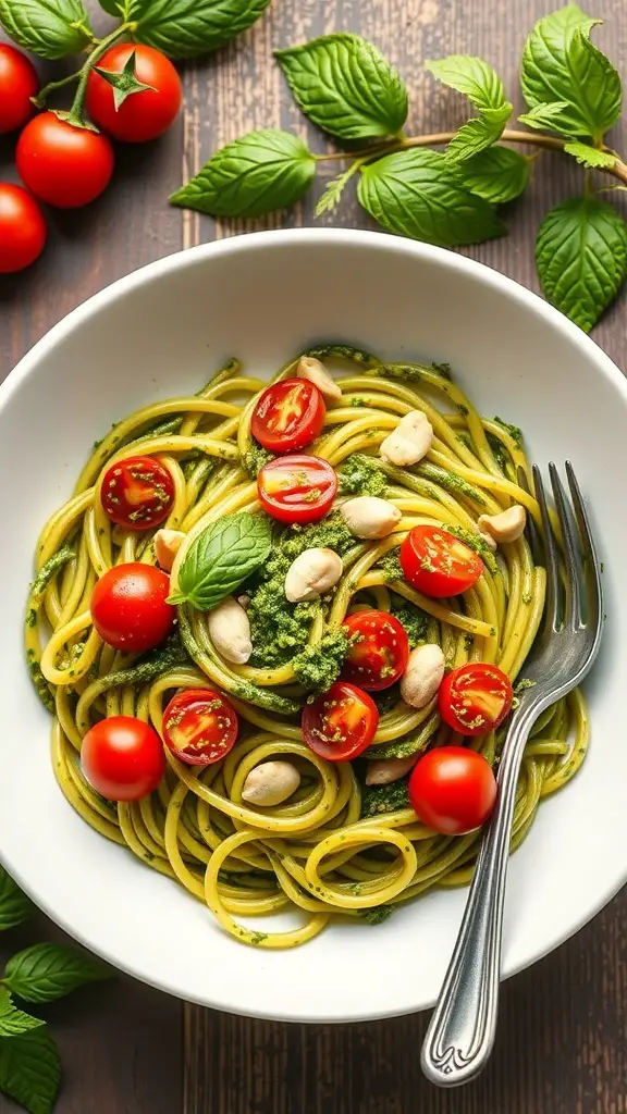 A bowl of zucchini noodles topped with pesto, cherry tomatoes, and nuts.