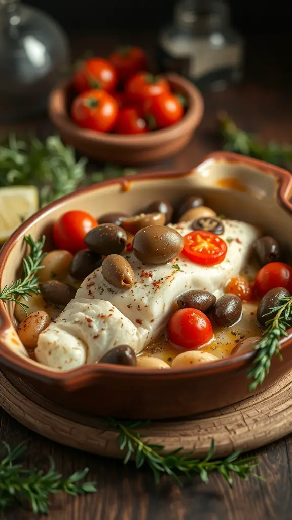 A dish of baked cod with olives and cherry tomatoes, garnished with herbs.