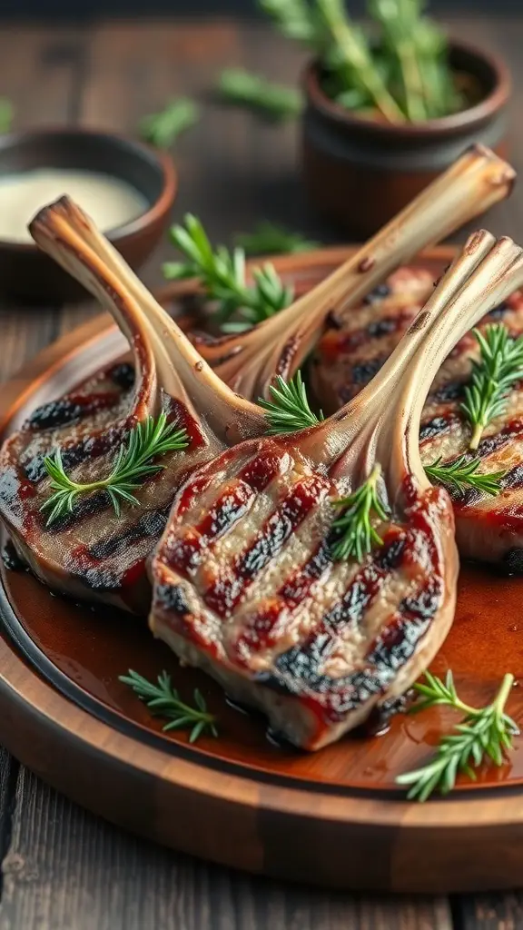 Grilled lamb chops garnished with rosemary on a wooden plate