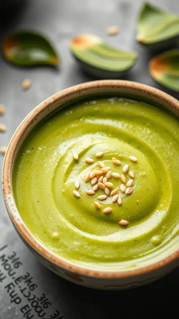 A bowl of creamy matcha green tea pudding topped with sesame seeds.