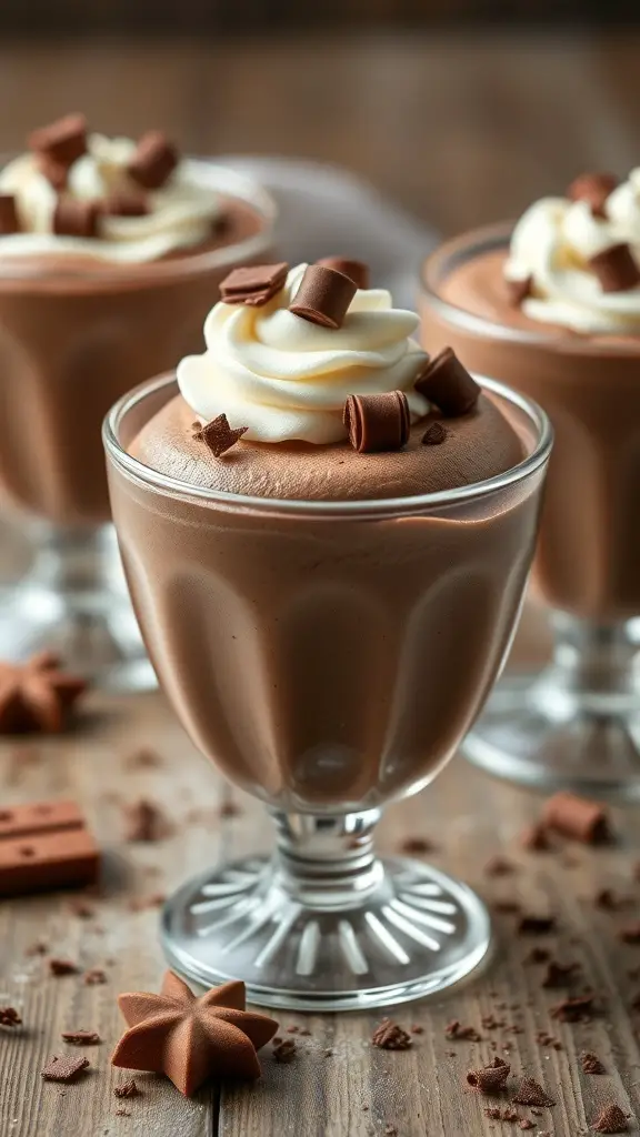Elegant chocolate mousse cups topped with whipped cream and chocolate curls